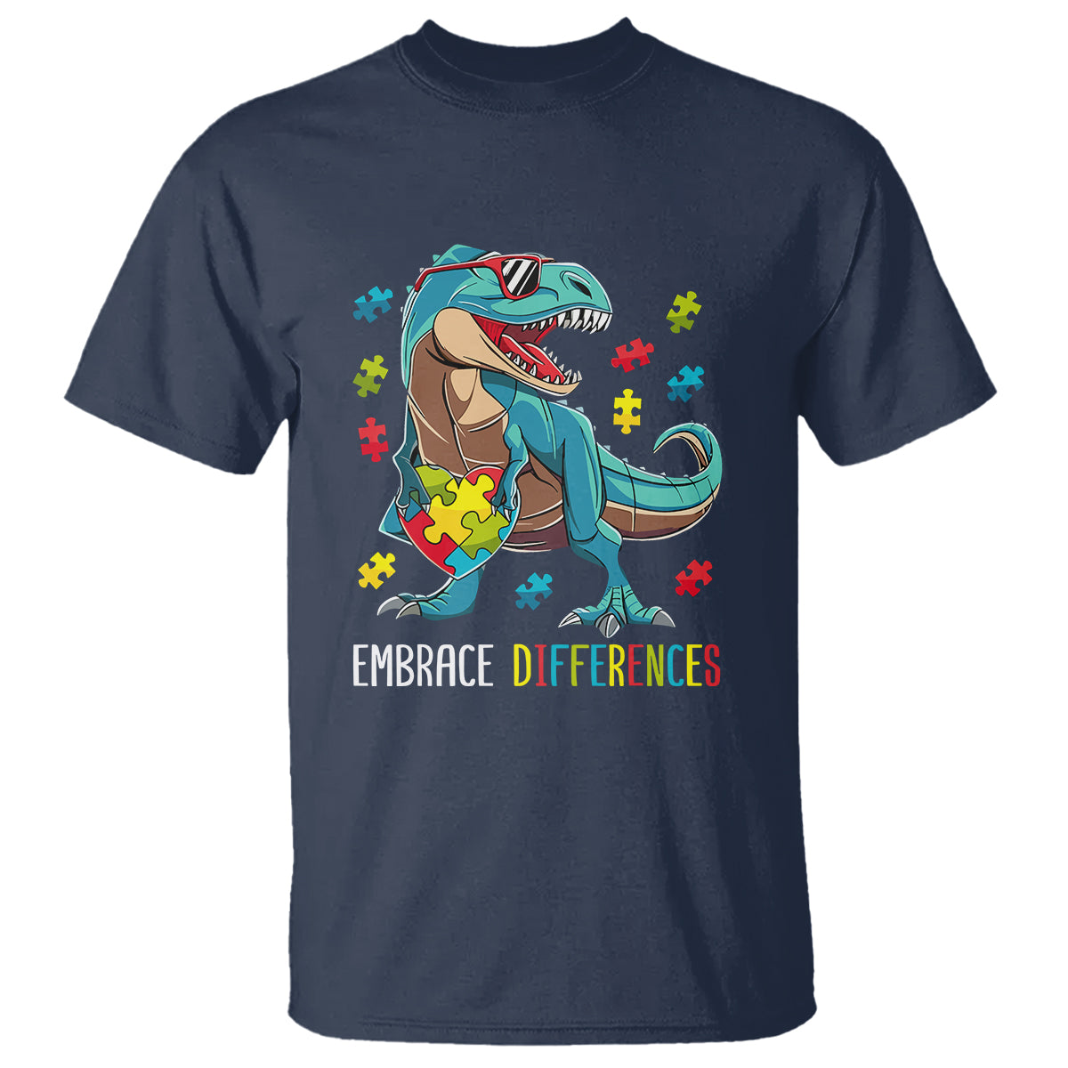 Dinosaur Autism T Shirt Embrace Differences Proud Autistic Puzzle Heart - Wonder Print Shop