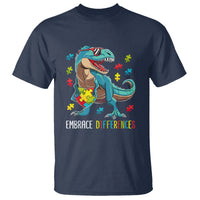 Dinosaur Autism T Shirt Embrace Differences Proud Autistic Puzzle Heart - Wonder Print Shop