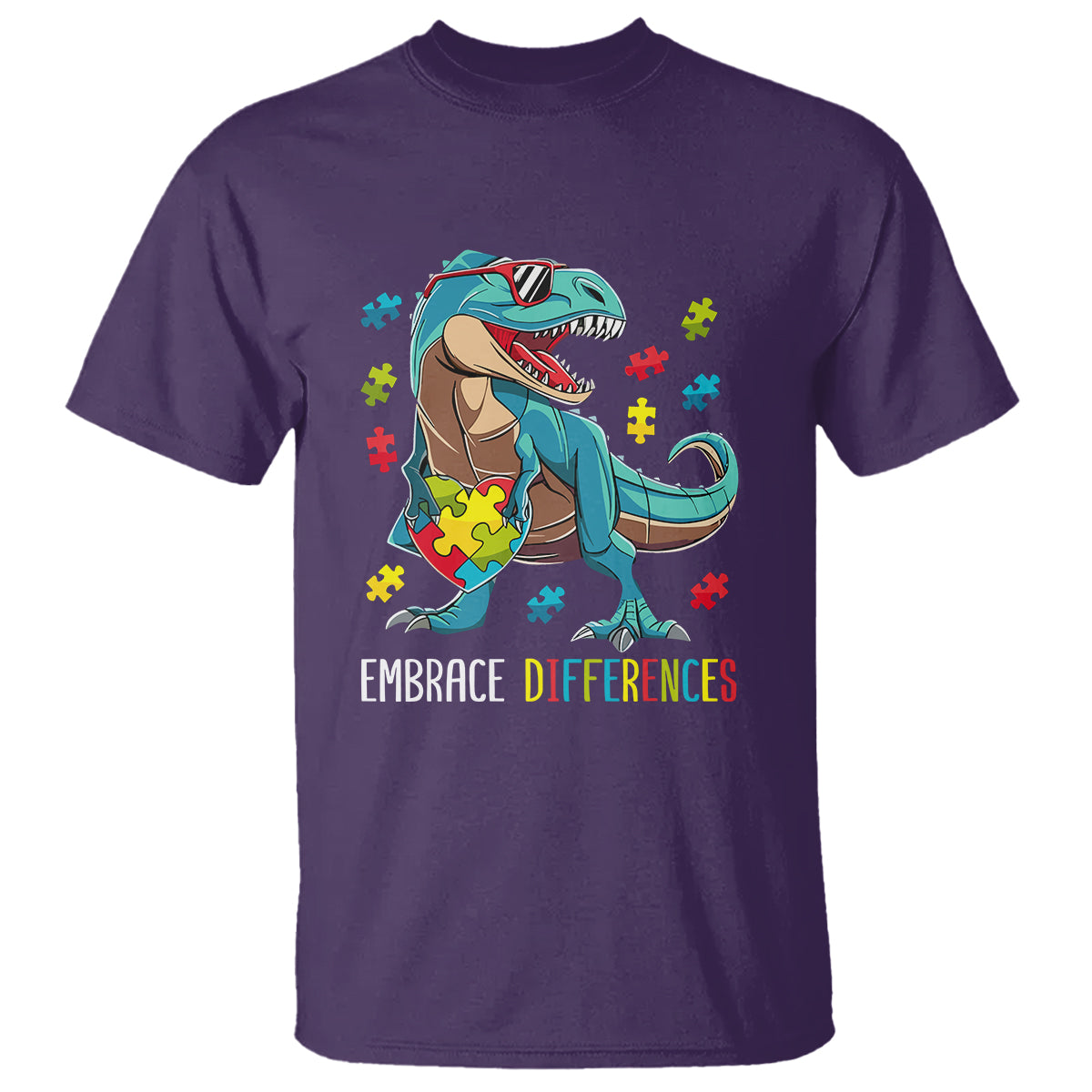 Dinosaur Autism T Shirt Embrace Differences Proud Autistic Puzzle Heart - Wonder Print Shop