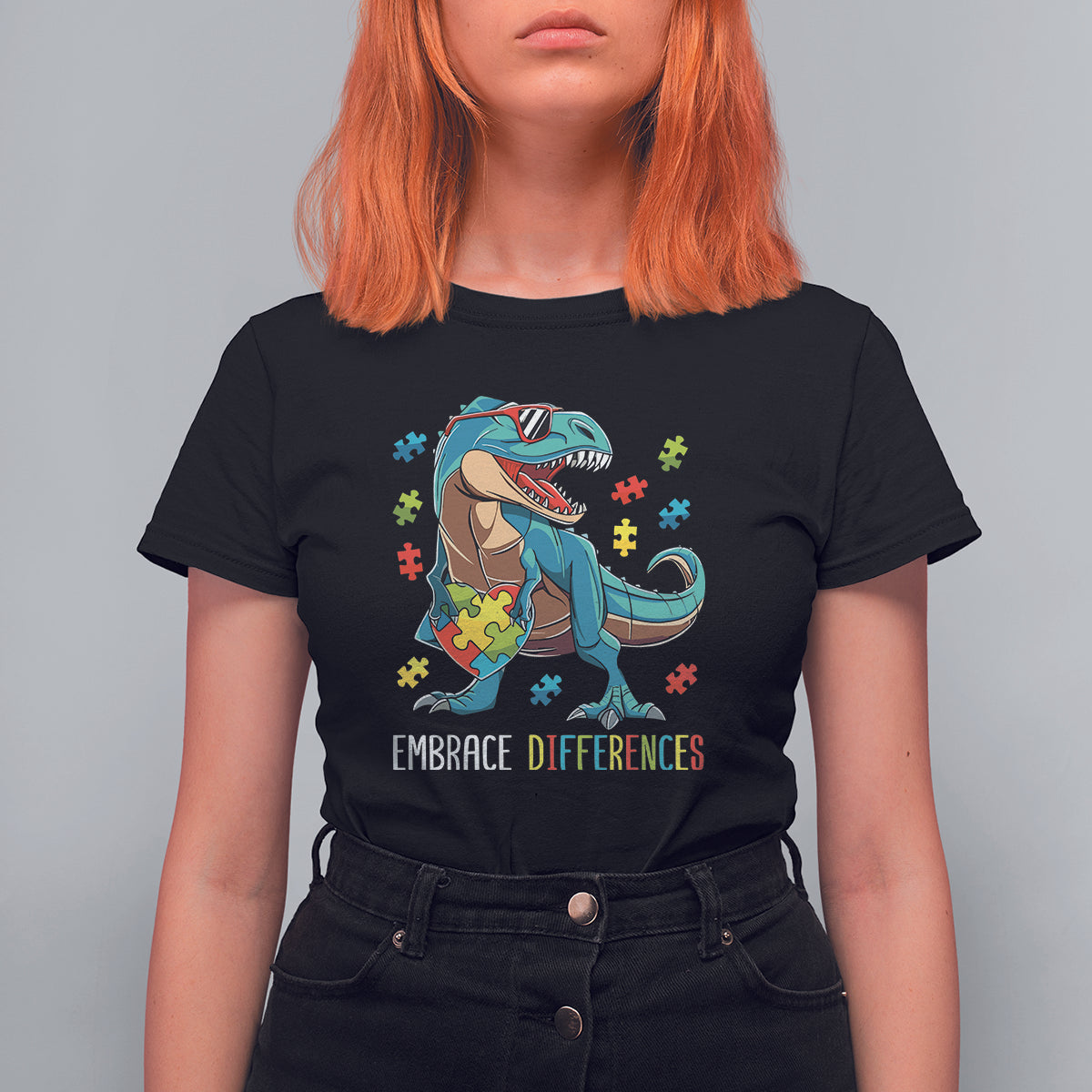 Dinosaur Autism T Shirt For Women Embrace Differences Proud Autistic Puzzle Heart - Wonder Print Shop