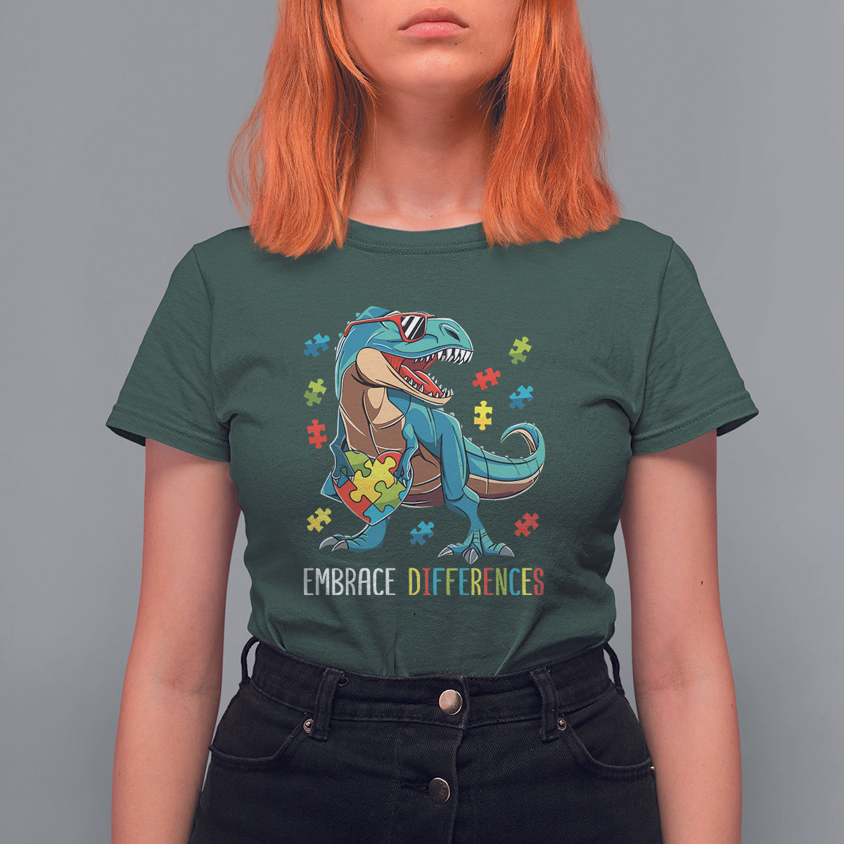Dinosaur Autism T Shirt For Women Embrace Differences Proud Autistic Puzzle Heart - Wonder Print Shop
