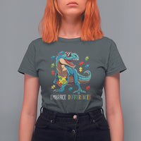 Dinosaur Autism T Shirt For Women Embrace Differences Proud Autistic Puzzle Heart - Wonder Print Shop