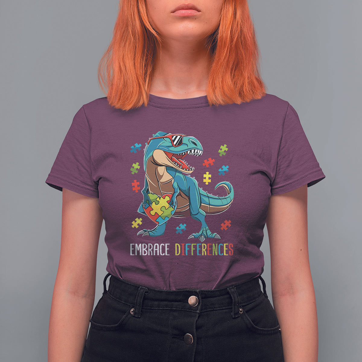 Dinosaur Autism T Shirt For Women Embrace Differences Proud Autistic Puzzle Heart - Wonder Print Shop