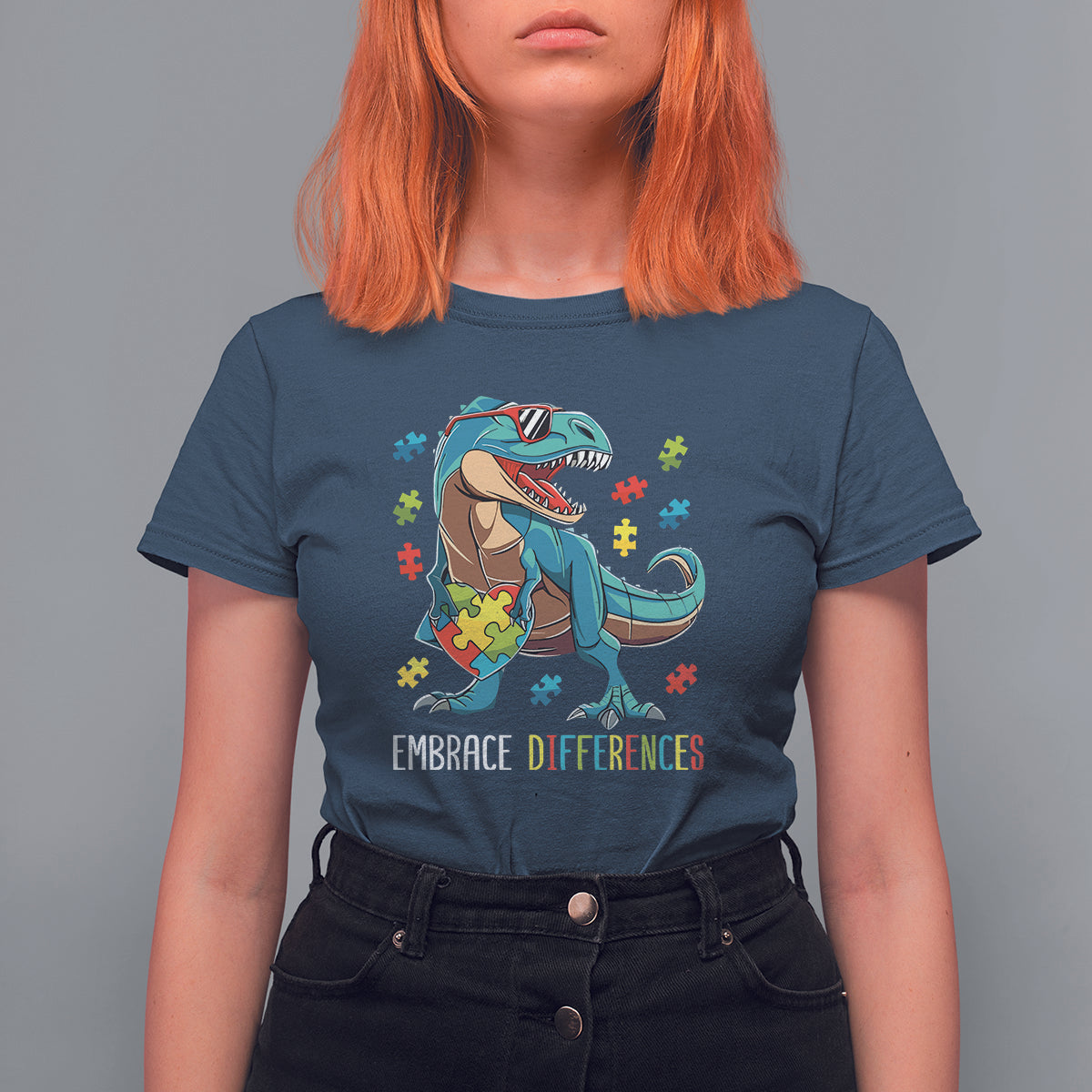 Dinosaur Autism T Shirt For Women Embrace Differences Proud Autistic Puzzle Heart - Wonder Print Shop