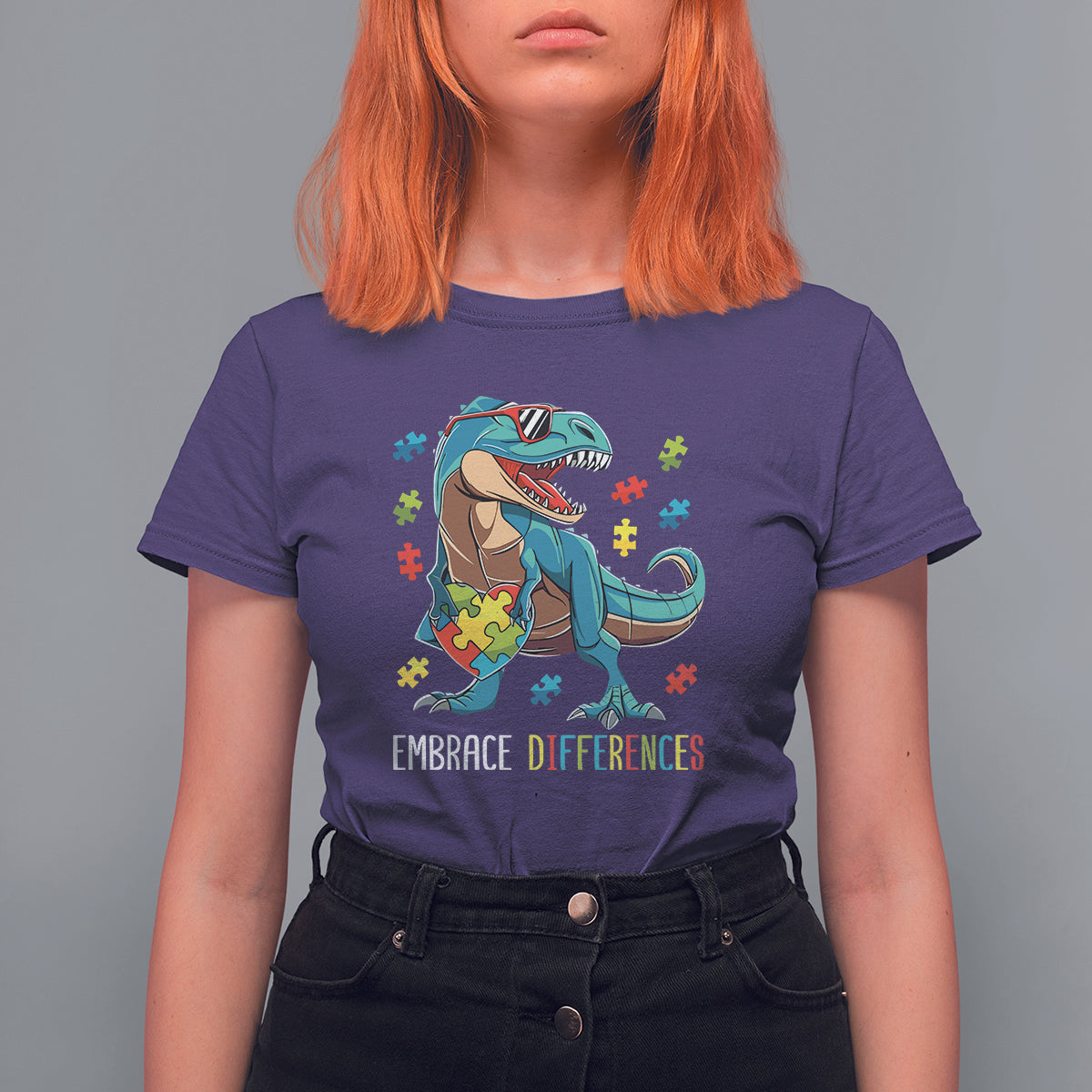 Dinosaur Autism T Shirt For Women Embrace Differences Proud Autistic Puzzle Heart - Wonder Print Shop