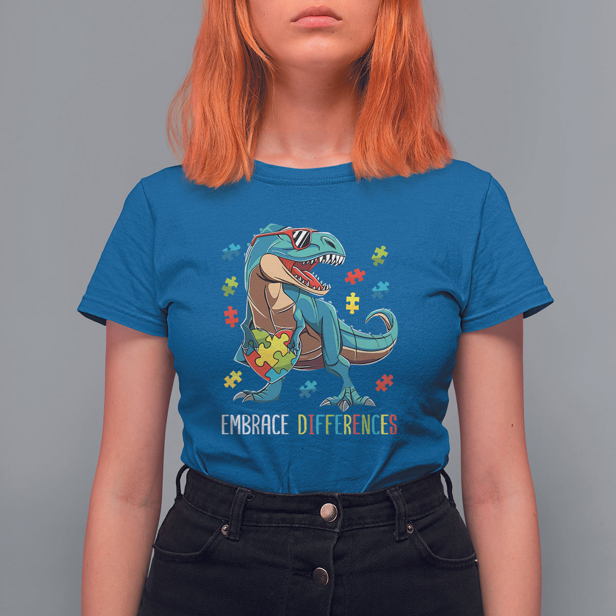 Dinosaur Autism T Shirt For Women Embrace Differences Proud Autistic Puzzle Heart - Wonder Print Shop