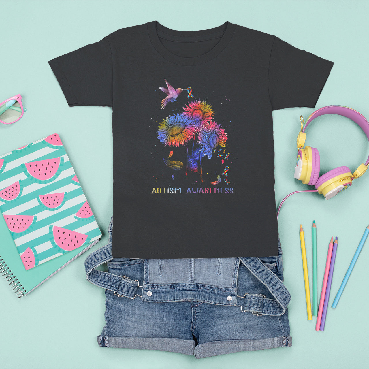 Autism Awareness T Shirt For Kid Colorful Sunflower With Bird Spectrum Ribbon - Wonder Print Shop