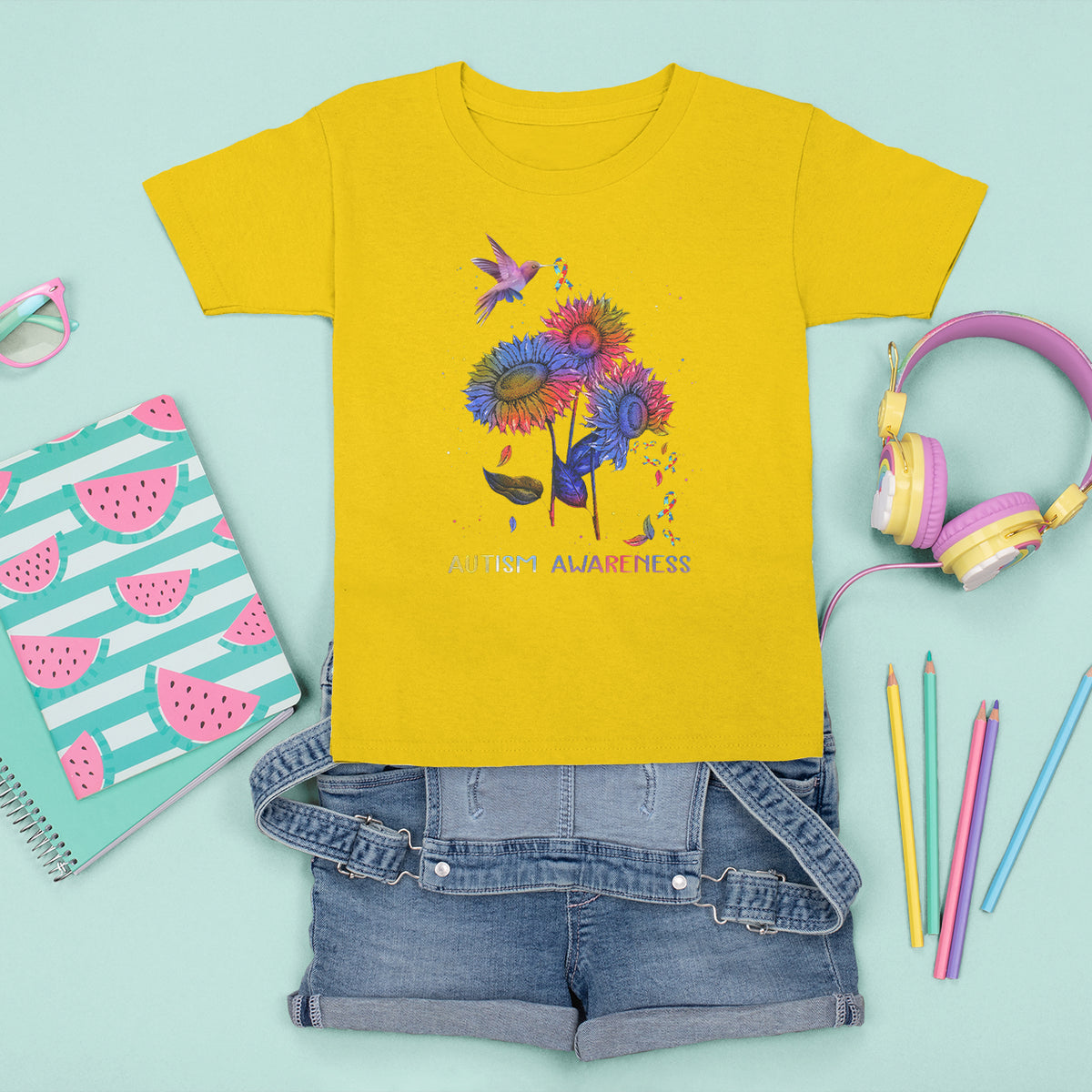 Autism Awareness T Shirt For Kid Colorful Sunflower With Bird Spectrum Ribbon - Wonder Print Shop