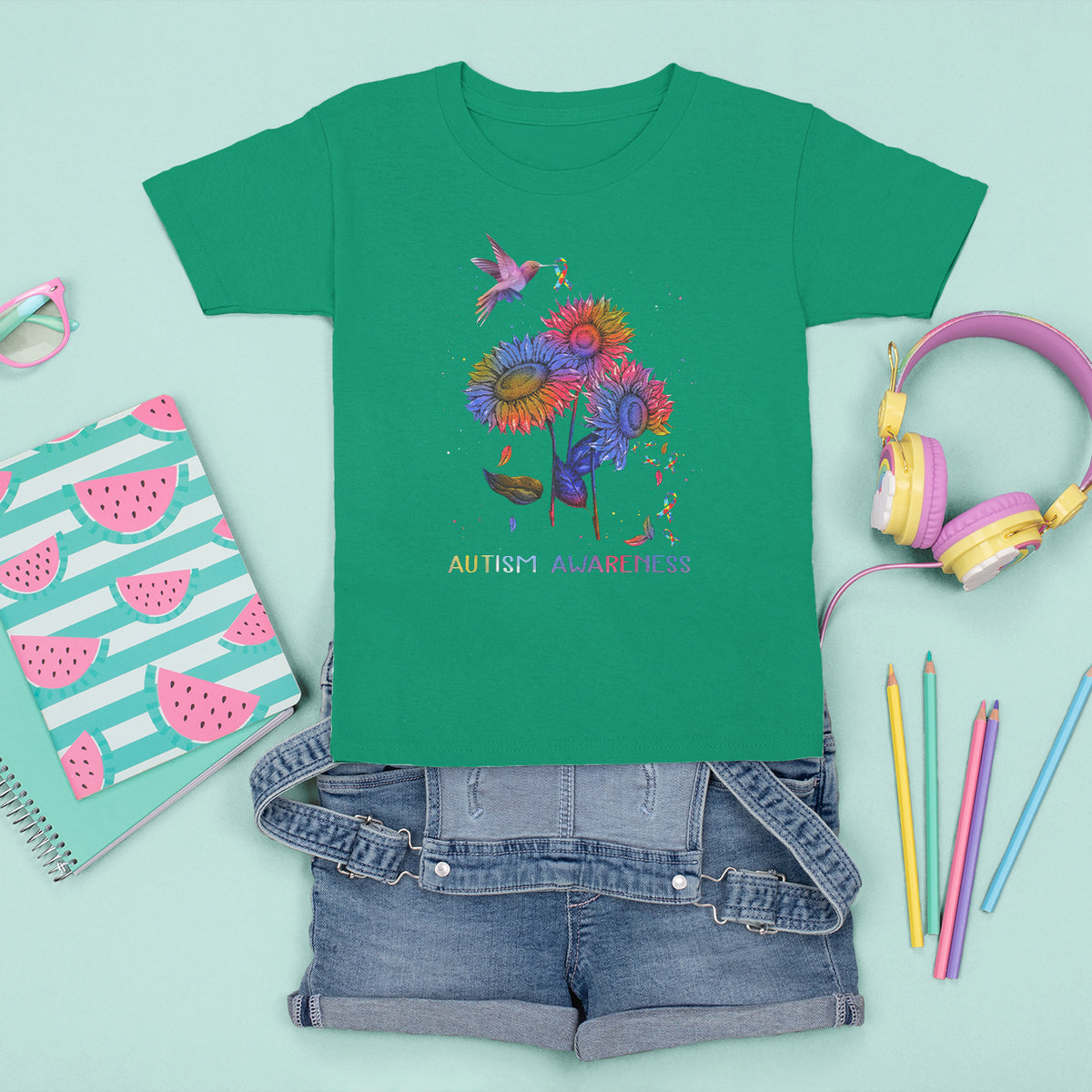 Autism Awareness T Shirt For Kid Colorful Sunflower With Bird Spectrum Ribbon - Wonder Print Shop