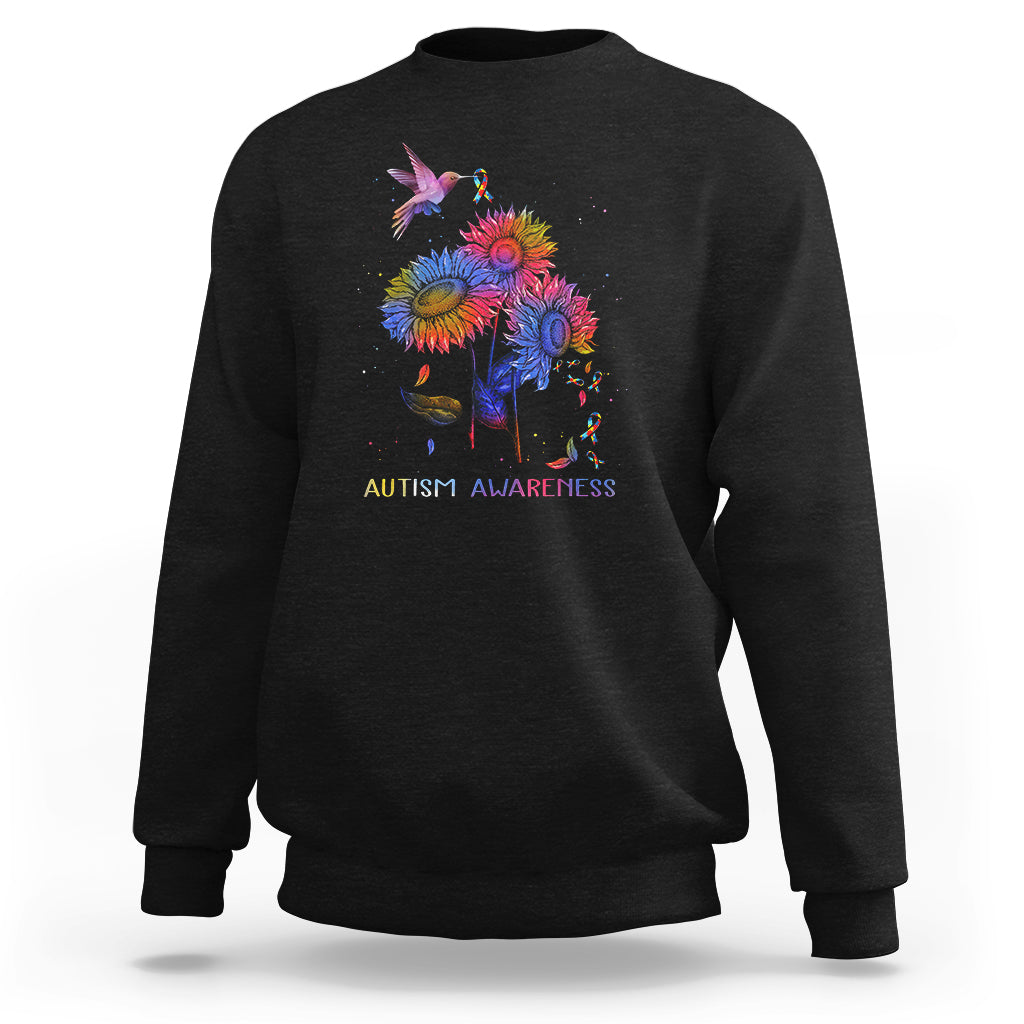 Autism Awareness Sweatshirt Colorful Sunflower With Bird Spectrum Ribbon - Wonder Print Shop