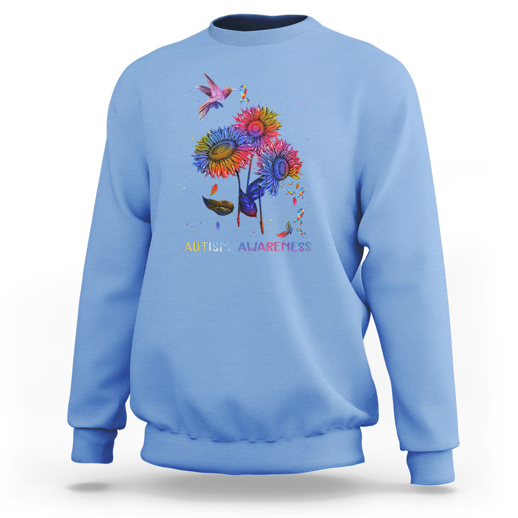 Autism Awareness Sweatshirt Colorful Sunflower With Bird Spectrum Ribbon - Wonder Print Shop