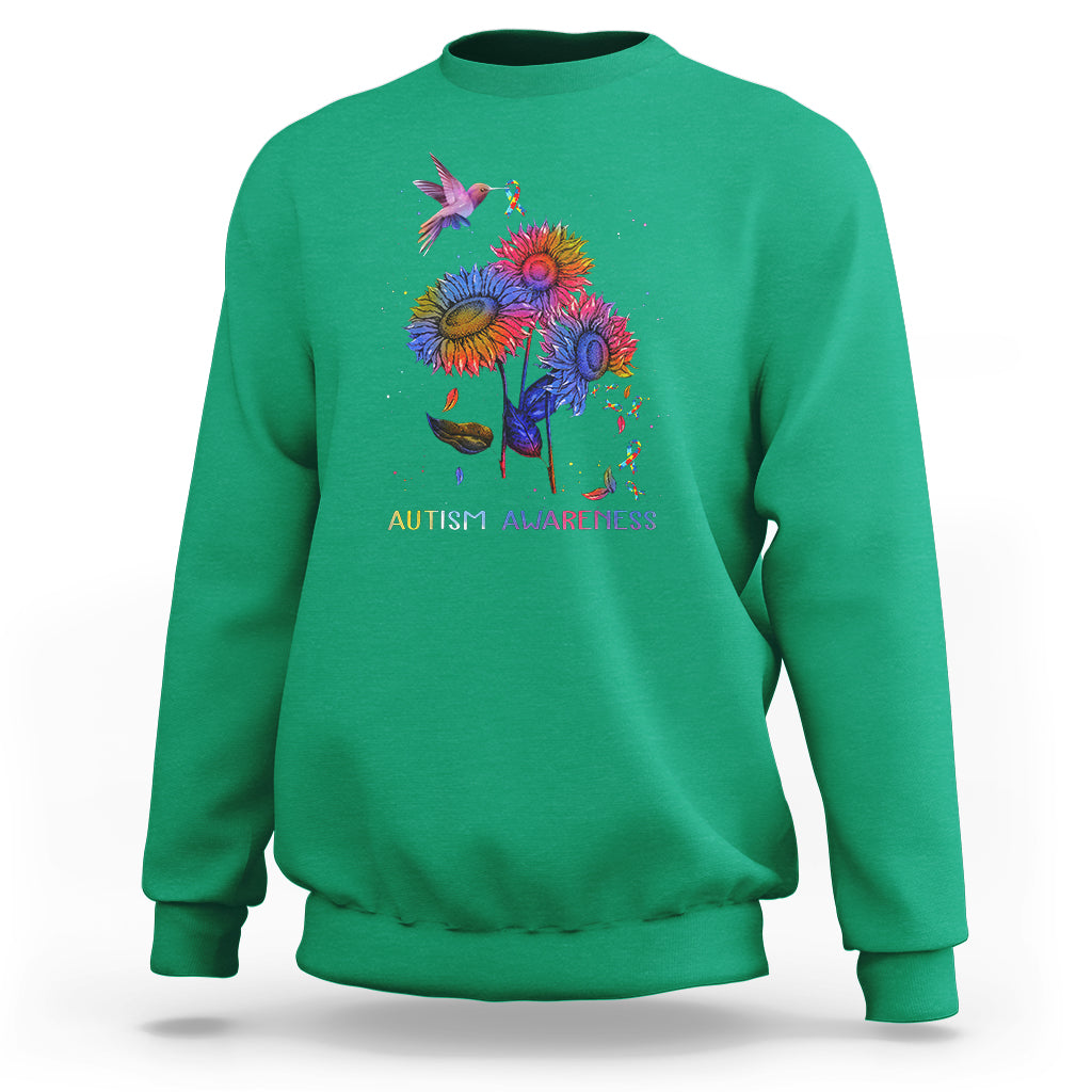 Autism Awareness Sweatshirt Colorful Sunflower With Bird Spectrum Ribbon - Wonder Print Shop