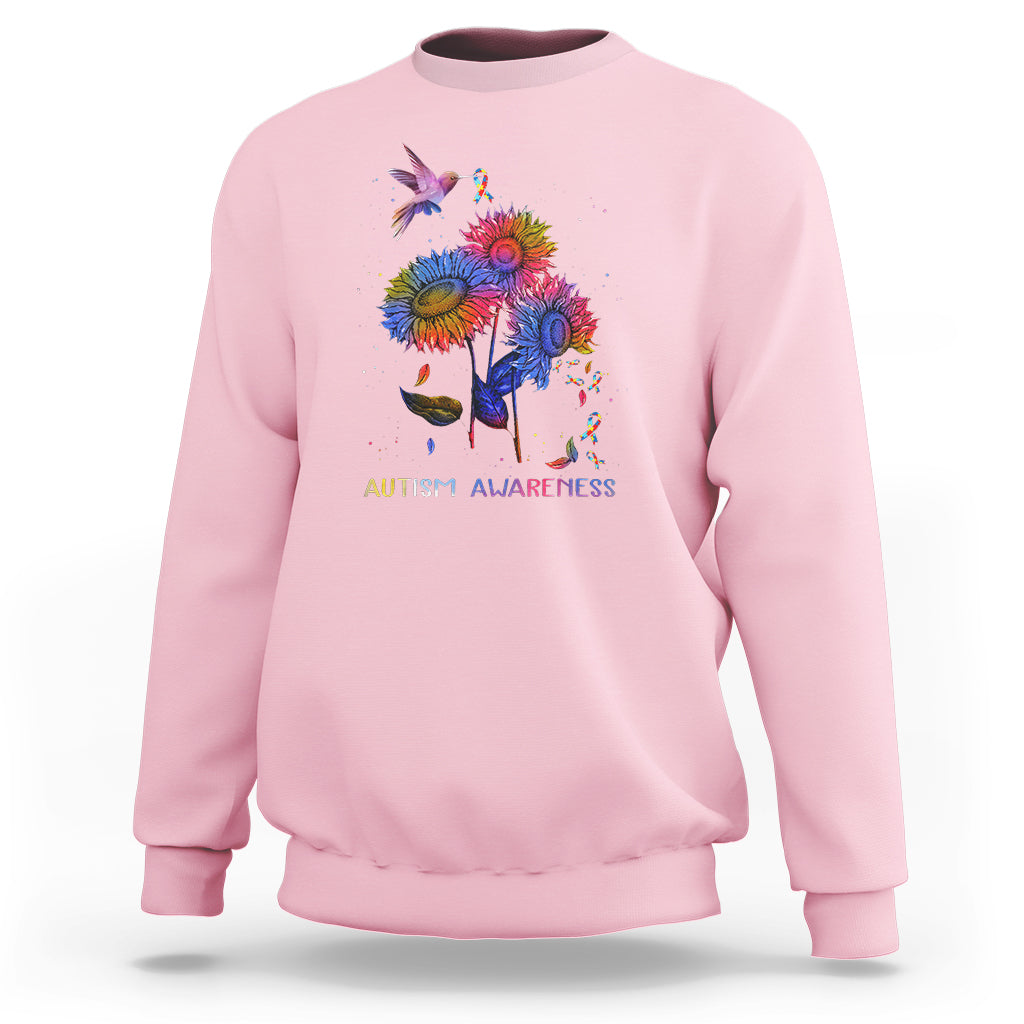 Autism Awareness Sweatshirt Colorful Sunflower With Bird Spectrum Ribbon - Wonder Print Shop