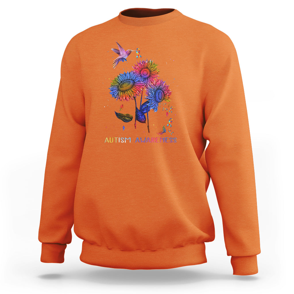 Autism Awareness Sweatshirt Colorful Sunflower With Bird Spectrum Ribbon - Wonder Print Shop
