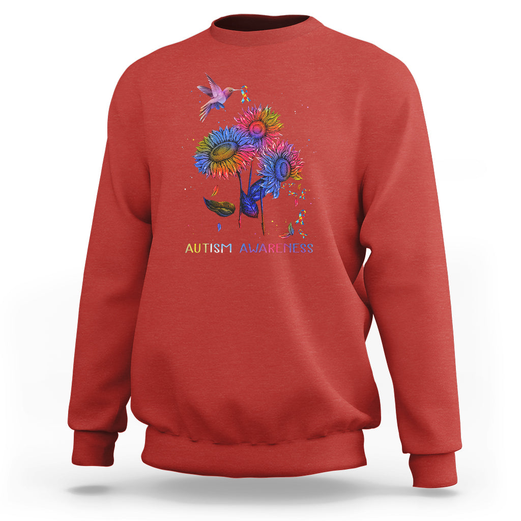 Autism Awareness Sweatshirt Colorful Sunflower With Bird Spectrum Ribbon - Wonder Print Shop
