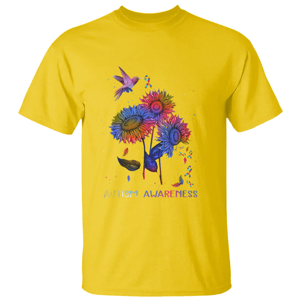 Autism Awareness T Shirt Colorful Sunflower With Bird Spectrum Ribbon - Wonder Print Shop