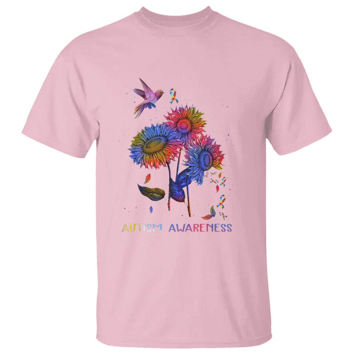 Autism Awareness T Shirt Colorful Sunflower With Bird Spectrum Ribbon - Wonder Print Shop