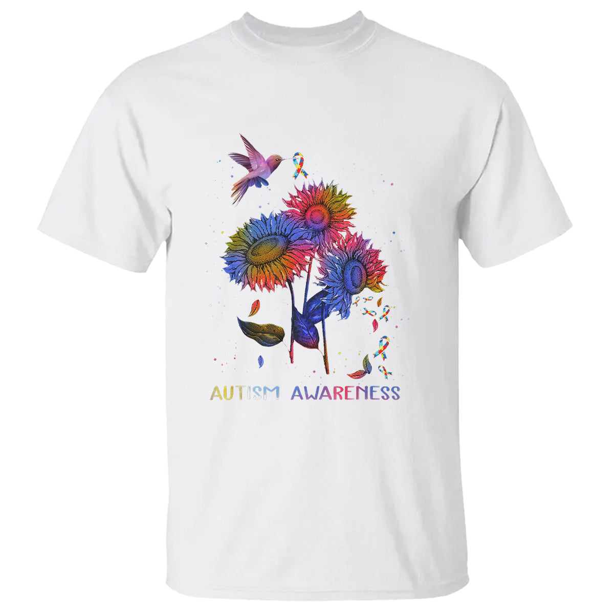 Autism Awareness T Shirt Colorful Sunflower With Bird Spectrum Ribbon - Wonder Print Shop