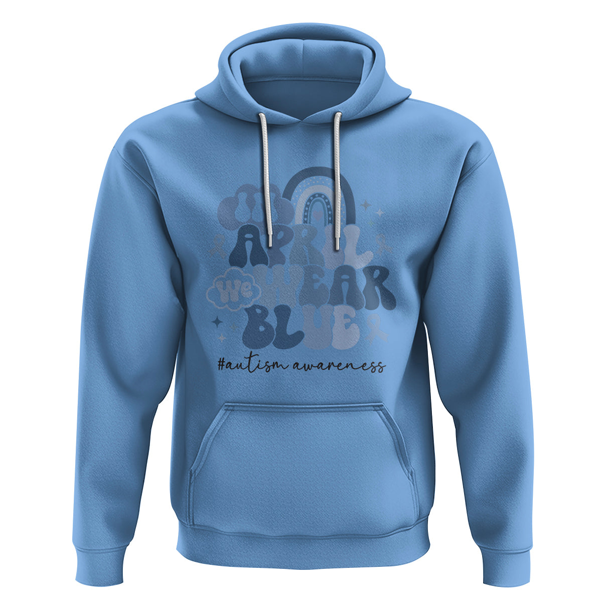 Autism Awareness Hoodie In April We Wear Blue Rainbow Retro Groovy - Wonder Print Shop