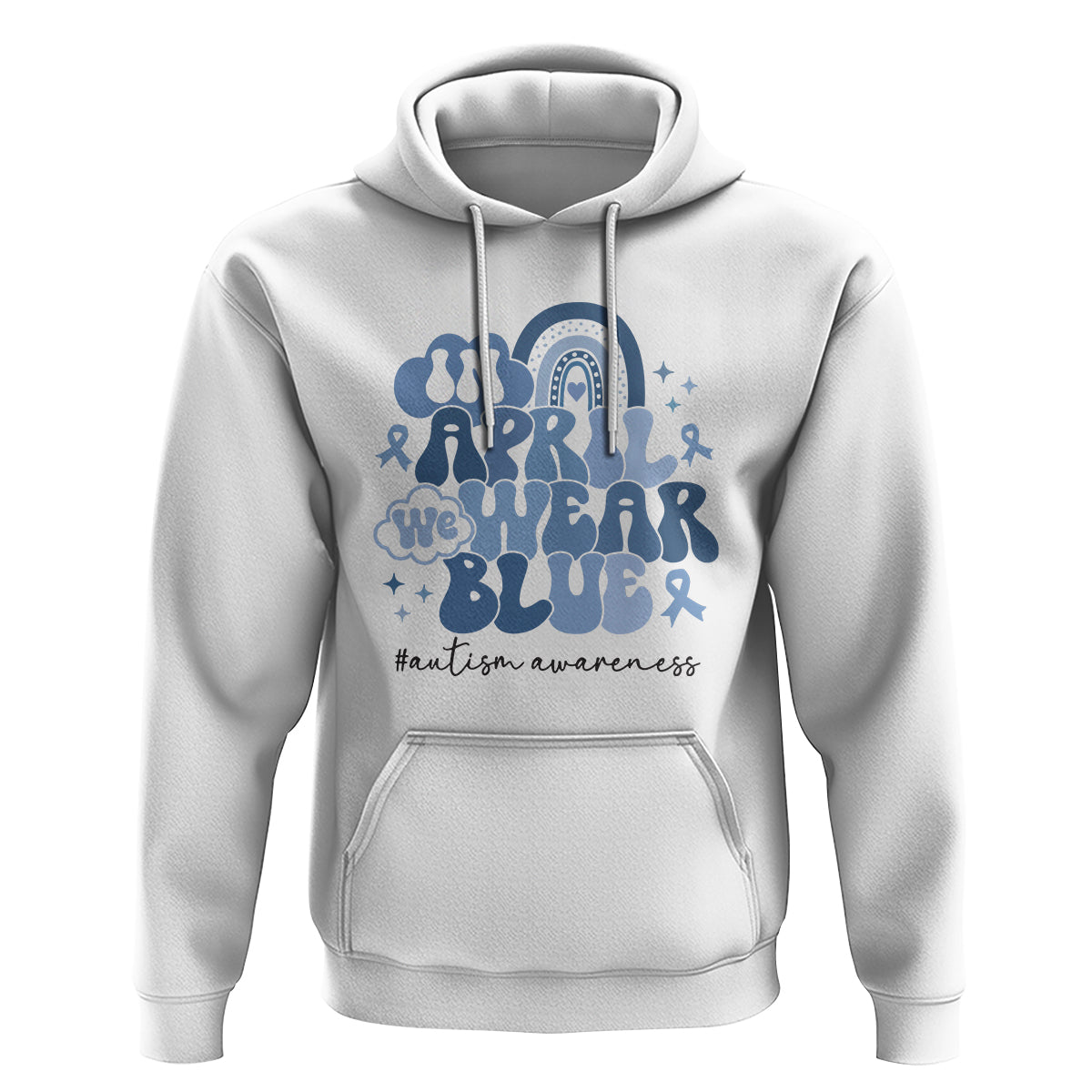 Autism Awareness Hoodie In April We Wear Blue Rainbow Retro Groovy - Wonder Print Shop