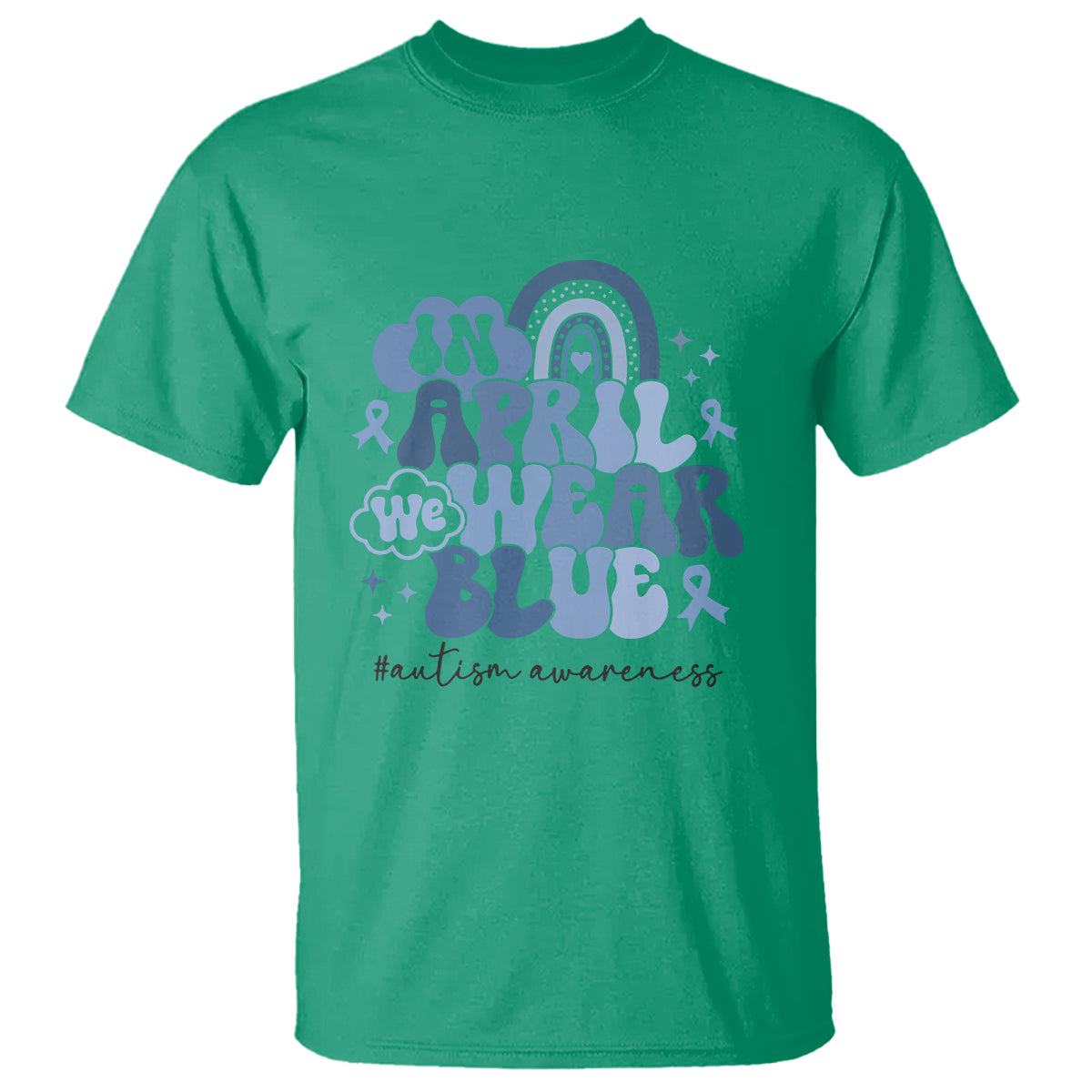 Autism Awareness T Shirt In April We Wear Blue Rainbow Retro Groovy - Wonder Print Shop