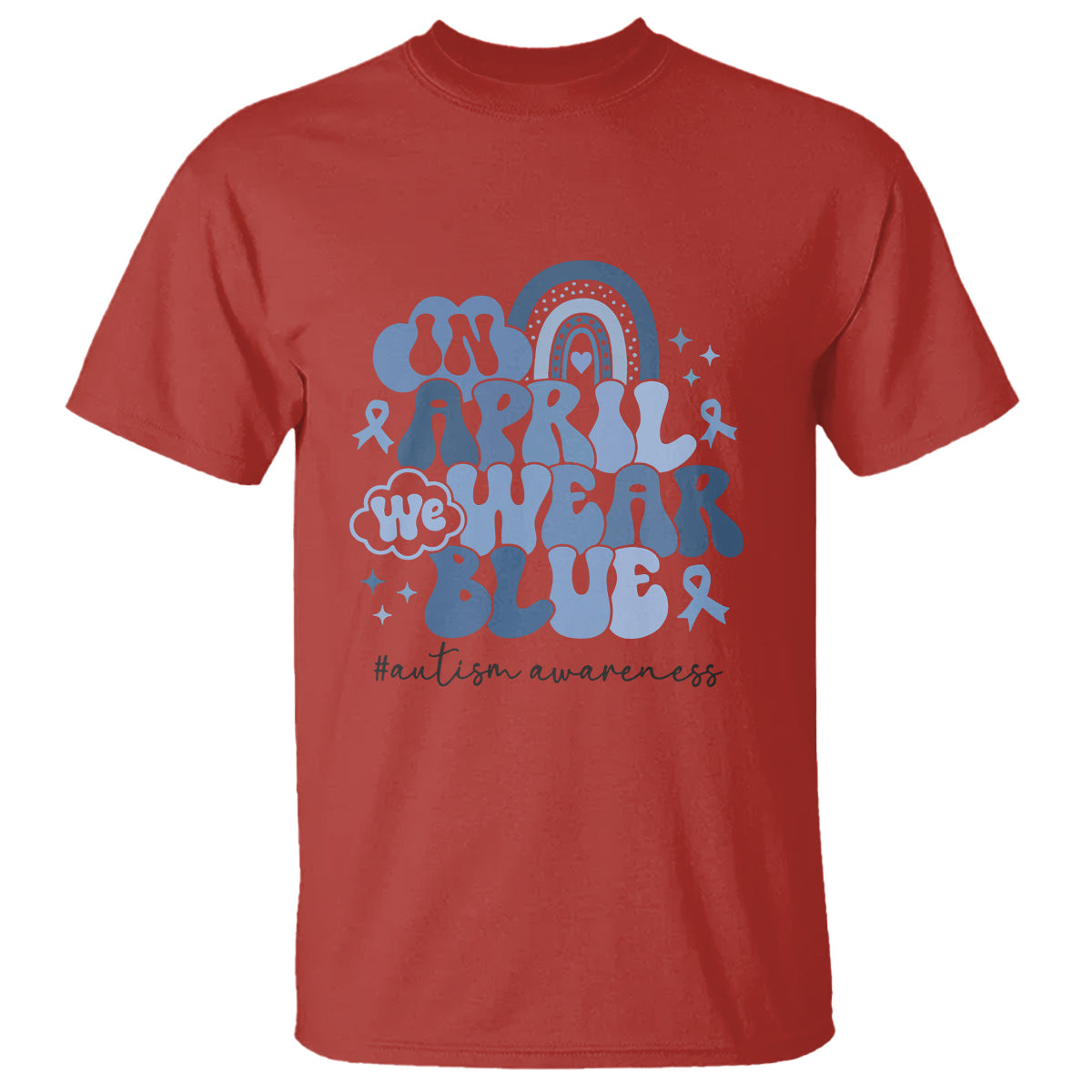 Autism Awareness T Shirt In April We Wear Blue Rainbow Retro Groovy - Wonder Print Shop