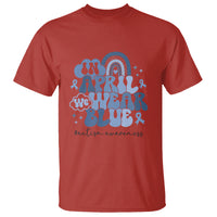 Autism Awareness T Shirt In April We Wear Blue Rainbow Retro Groovy - Wonder Print Shop