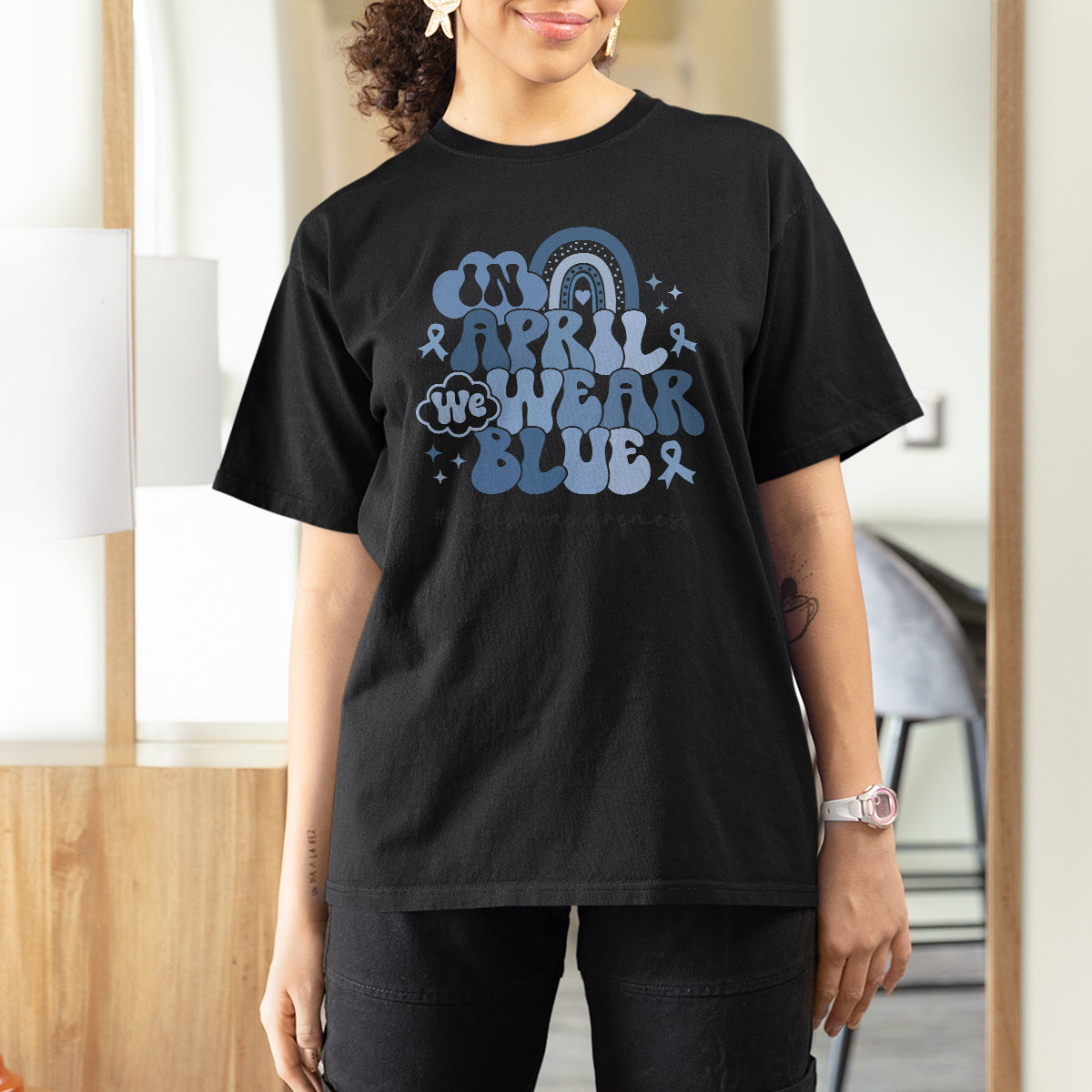 Autism Awareness T Shirt For Women In April We Wear Blue Rainbow Retro Groovy - Wonder Print Shop