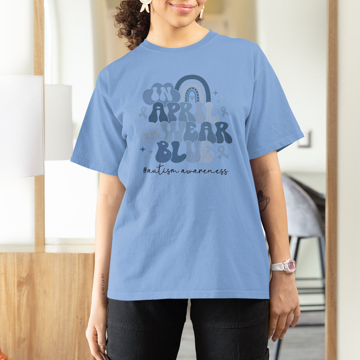 Autism Awareness T Shirt For Women In April We Wear Blue Rainbow Retro Groovy - Wonder Print Shop