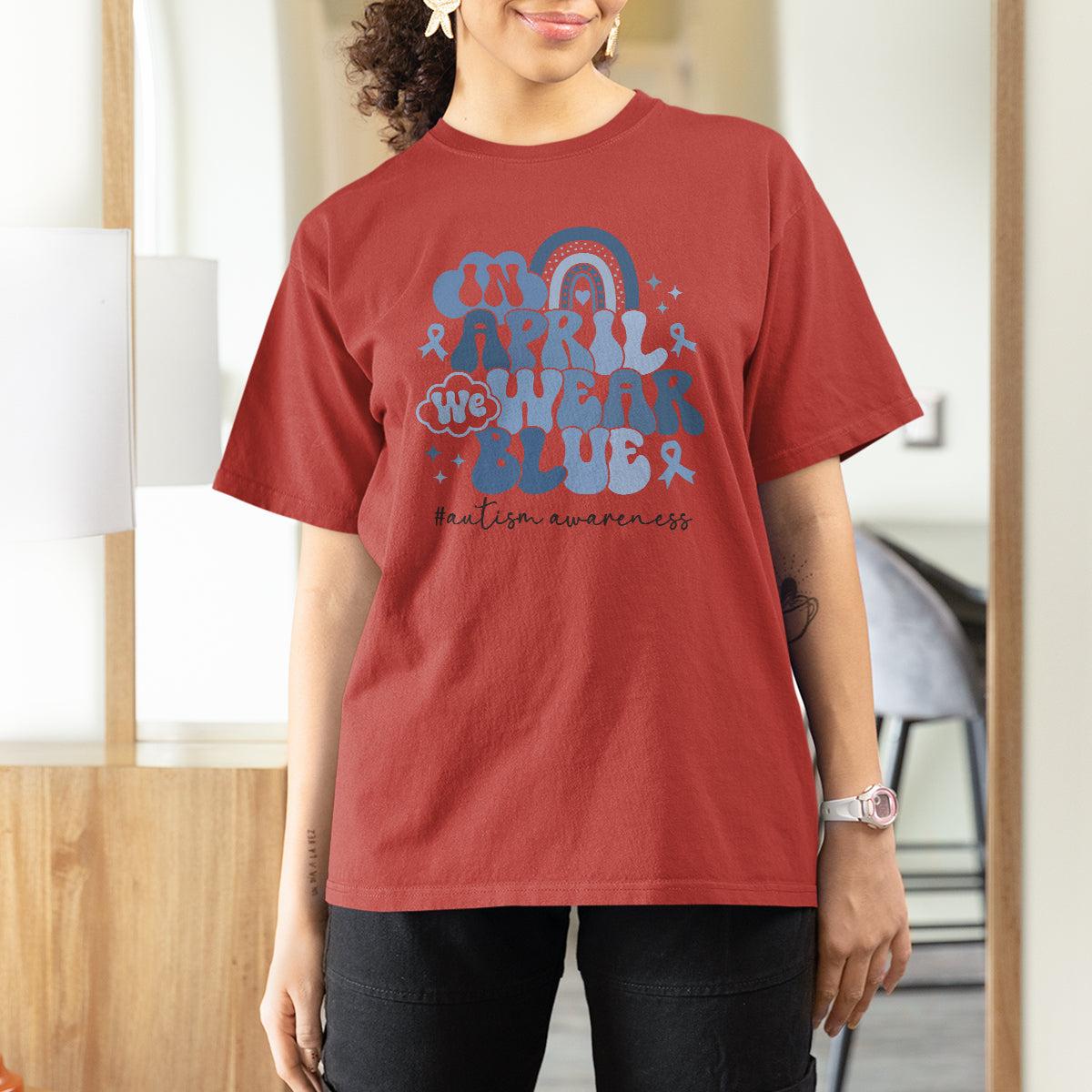 Autism Awareness T Shirt For Women In April We Wear Blue Rainbow Retro Groovy - Wonder Print Shop