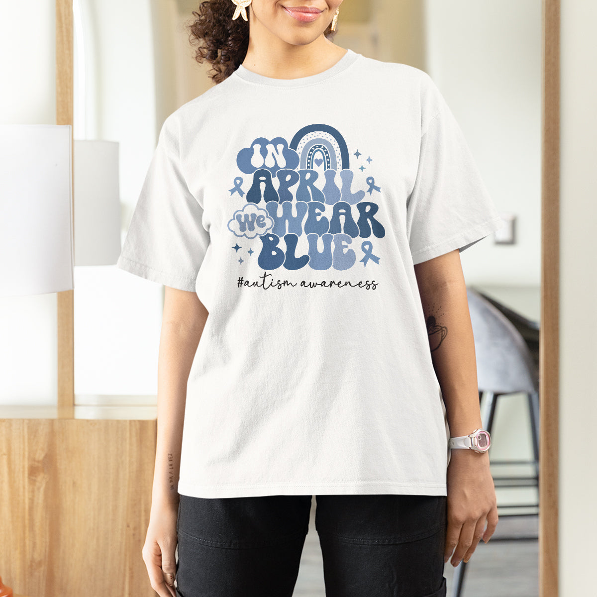 Autism Awareness T Shirt For Women In April We Wear Blue Rainbow Retro Groovy - Wonder Print Shop