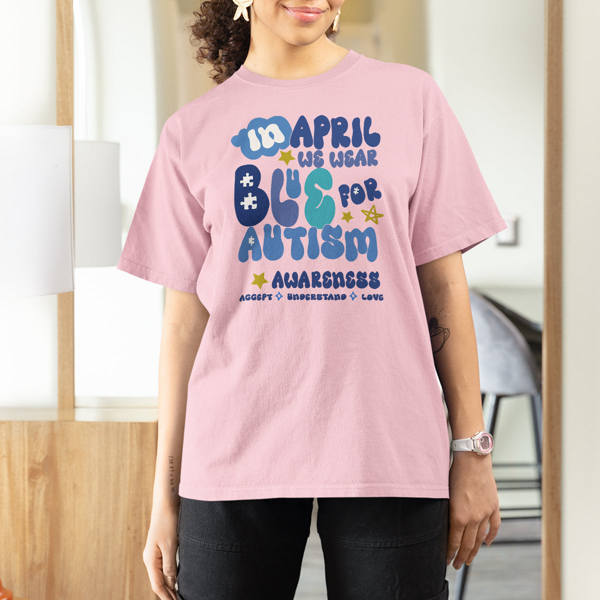 Autism Awareness T Shirt For Women In April We Wear Blue Accept Understand Love - Wonder Print Shop