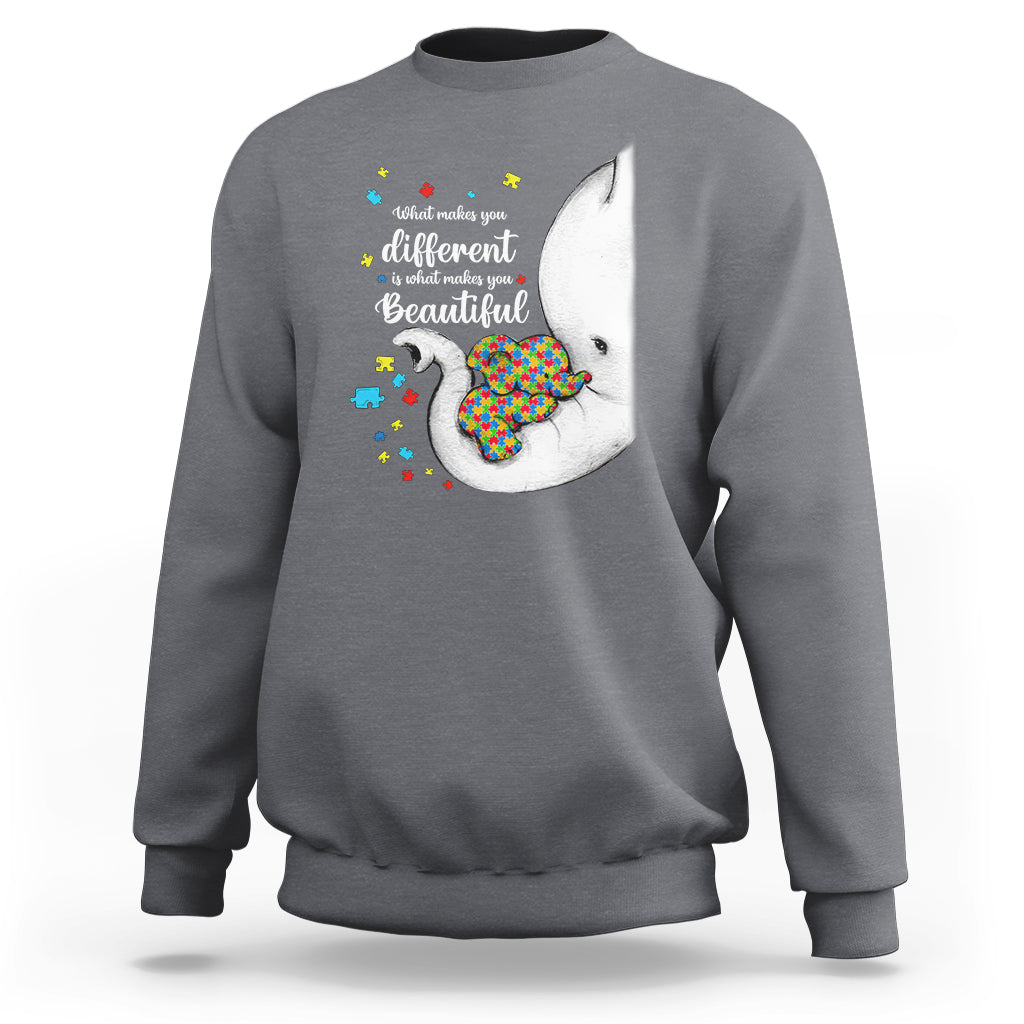 Elephant Autism Sweatshirt What Makes You Different Is What Makes You Beautiful Puzzle Pieces - Wonder Print Shop