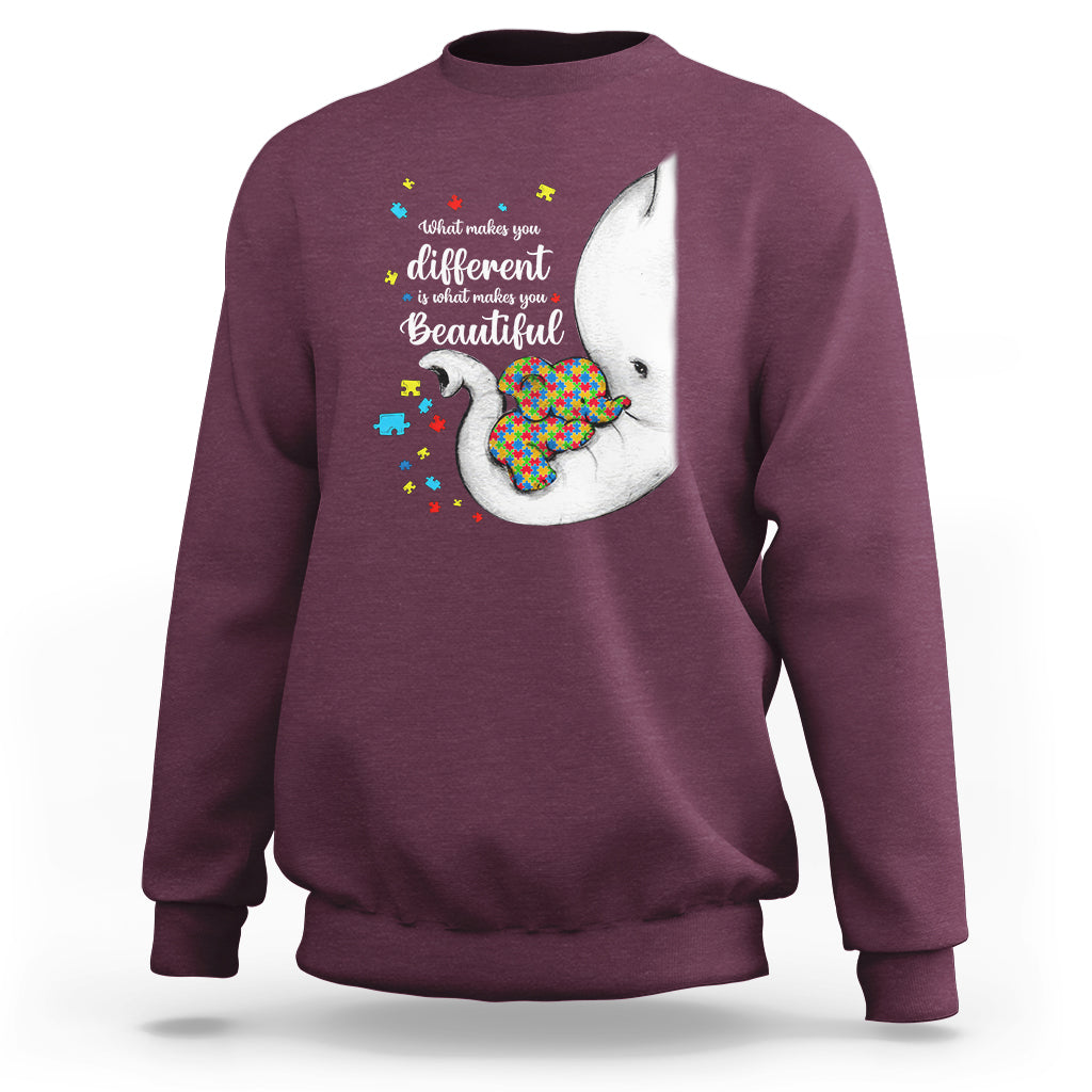 Elephant Autism Sweatshirt What Makes You Different Is What Makes You Beautiful Puzzle Pieces - Wonder Print Shop