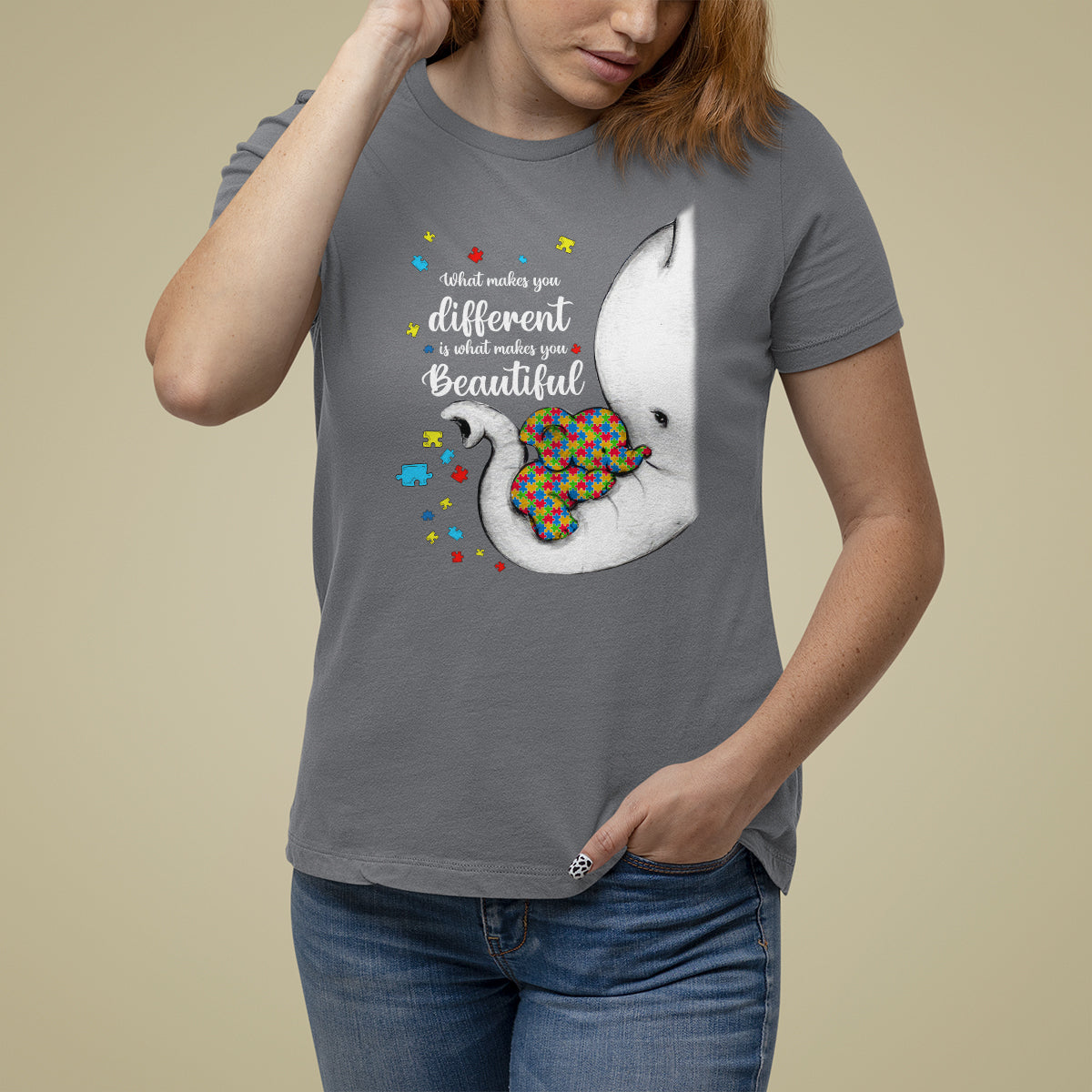 Elephant Autism T Shirt For Women What Makes You Different Is What Makes You Beautiful Puzzle Pieces - Wonder Print Shop