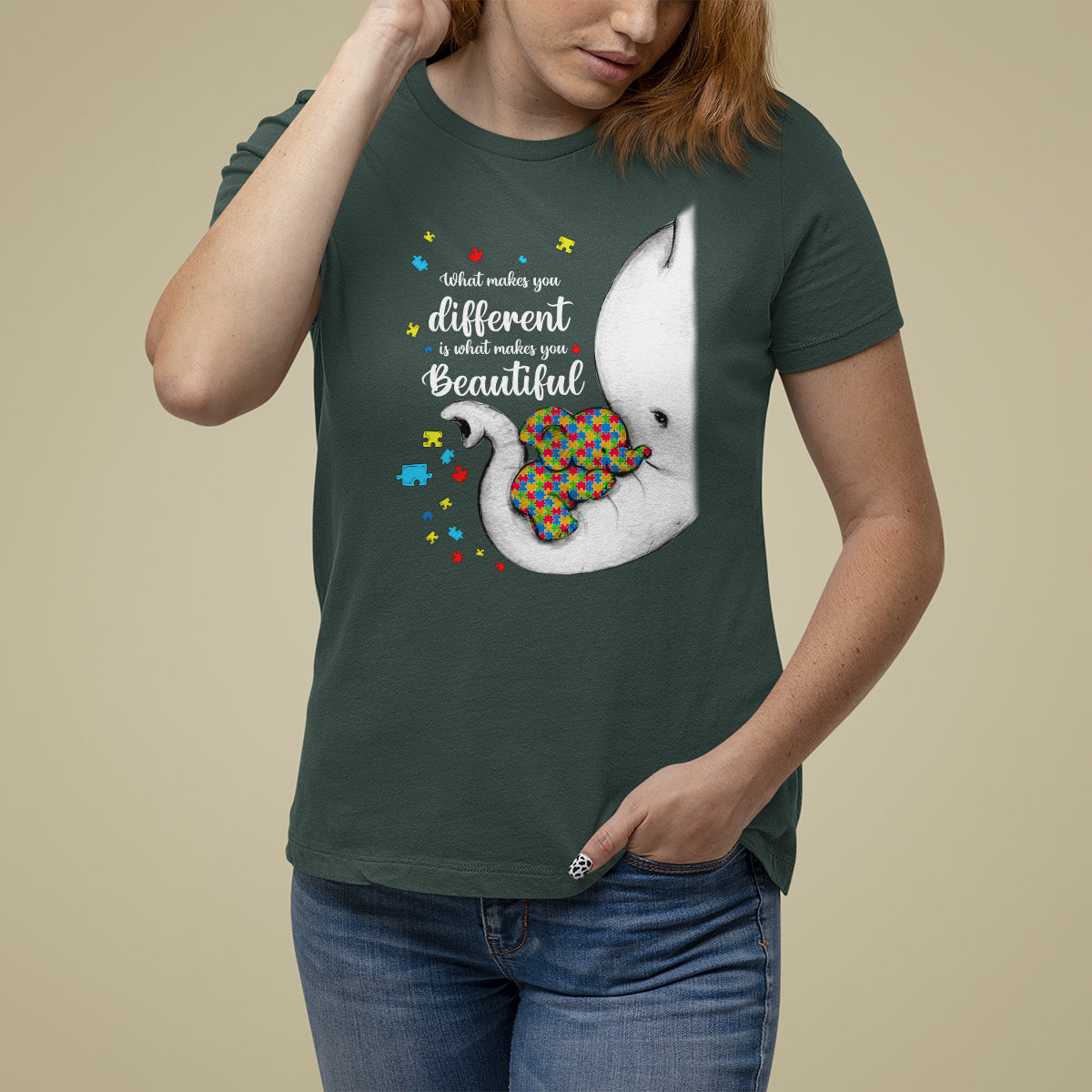 Elephant Autism T Shirt For Women What Makes You Different Is What Makes You Beautiful Puzzle Pieces - Wonder Print Shop