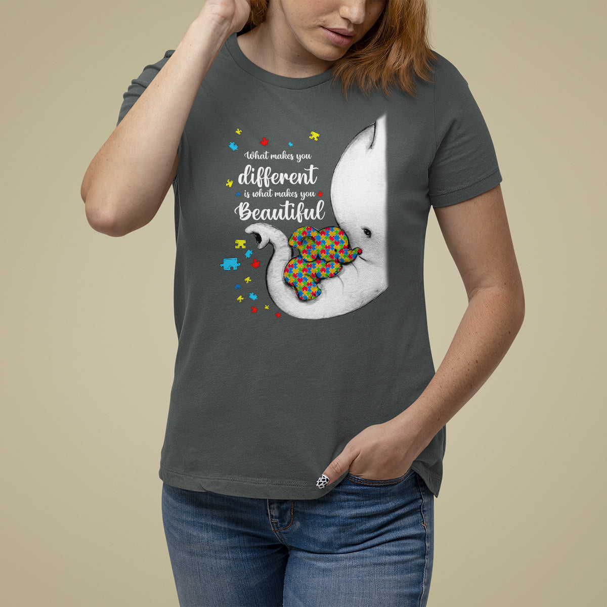 Elephant Autism T Shirt For Women What Makes You Different Is What Makes You Beautiful Puzzle Pieces - Wonder Print Shop