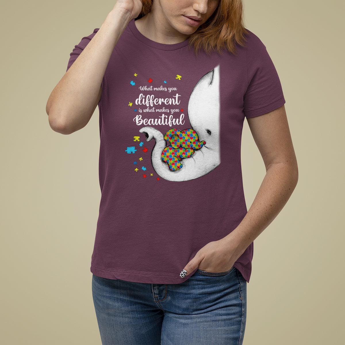 Elephant Autism T Shirt For Women What Makes You Different Is What Makes You Beautiful Puzzle Pieces - Wonder Print Shop