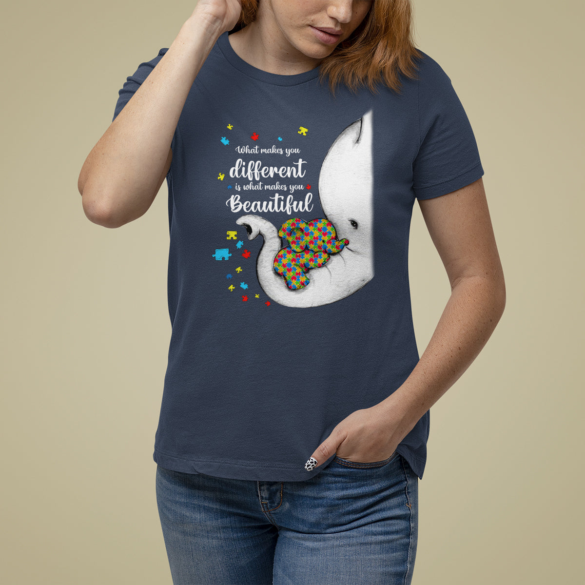 Elephant Autism T Shirt For Women What Makes You Different Is What Makes You Beautiful Puzzle Pieces - Wonder Print Shop