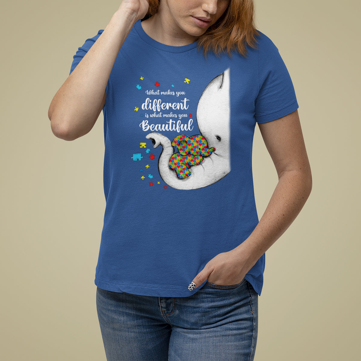 Elephant Autism T Shirt For Women What Makes You Different Is What Makes You Beautiful Puzzle Pieces - Wonder Print Shop