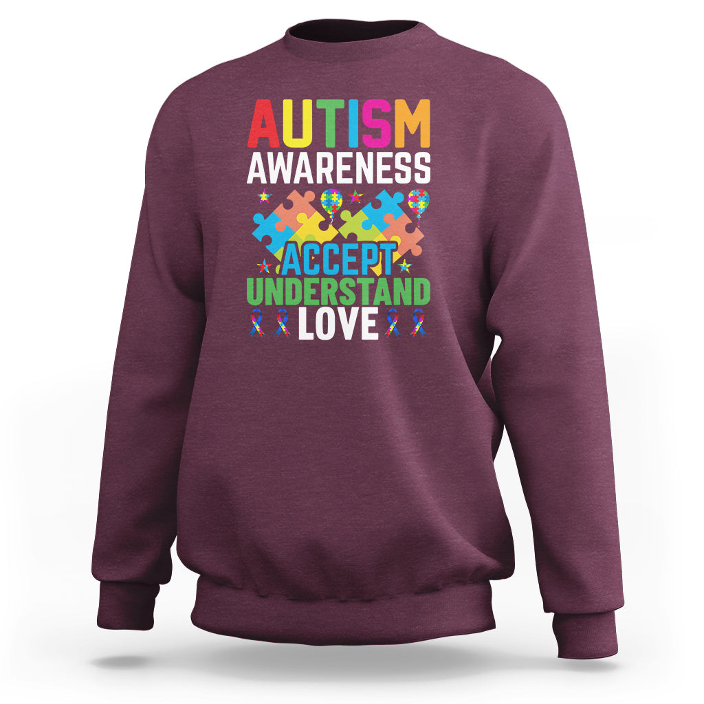 Autism Awareness Sweatshirt Accept Understand Love Spectrum Blue Ribbon - Wonder Print Shop
