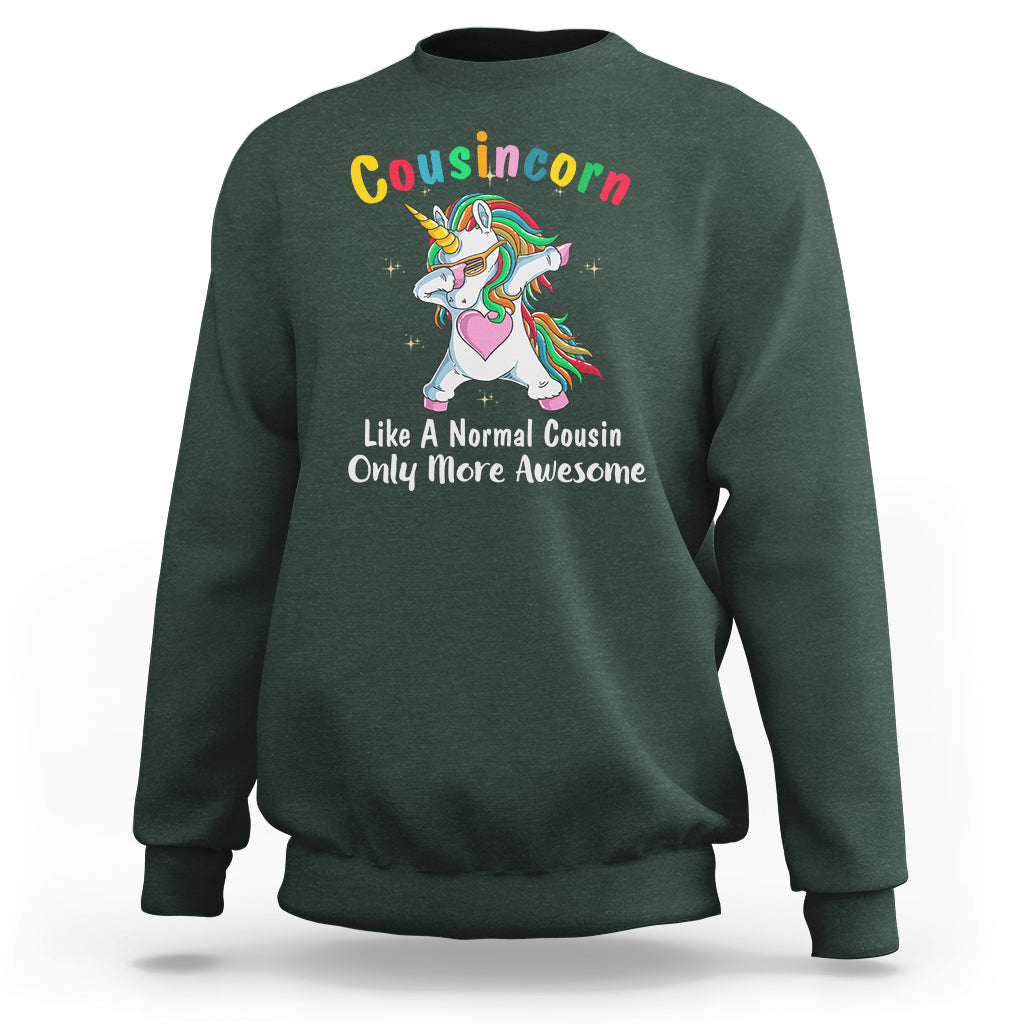 Dark green crewneck sweatshirt with dabbing unicorn graphic on front, long sleeves