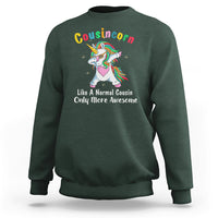 Dark green crewneck sweatshirt with dabbing unicorn graphic on front, long sleeves