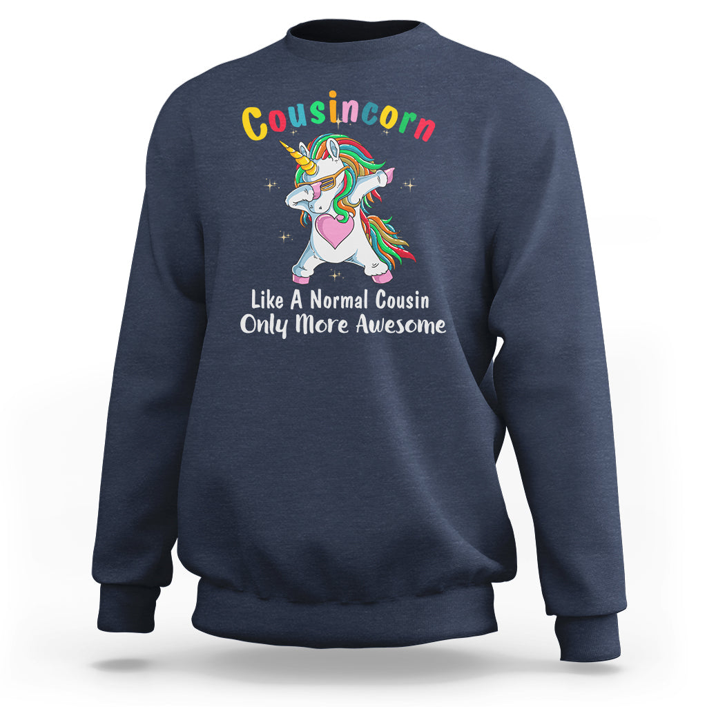 Navy crewneck sweatshirt with dabbing unicorn graphic on front, long sleeves