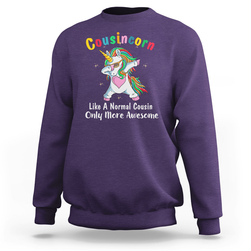 Purple crewneck sweatshirt with dabbing unicorn graphic on front, long sleeves