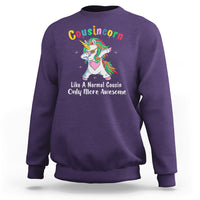 Purple crewneck sweatshirt with dabbing unicorn graphic on front, long sleeves