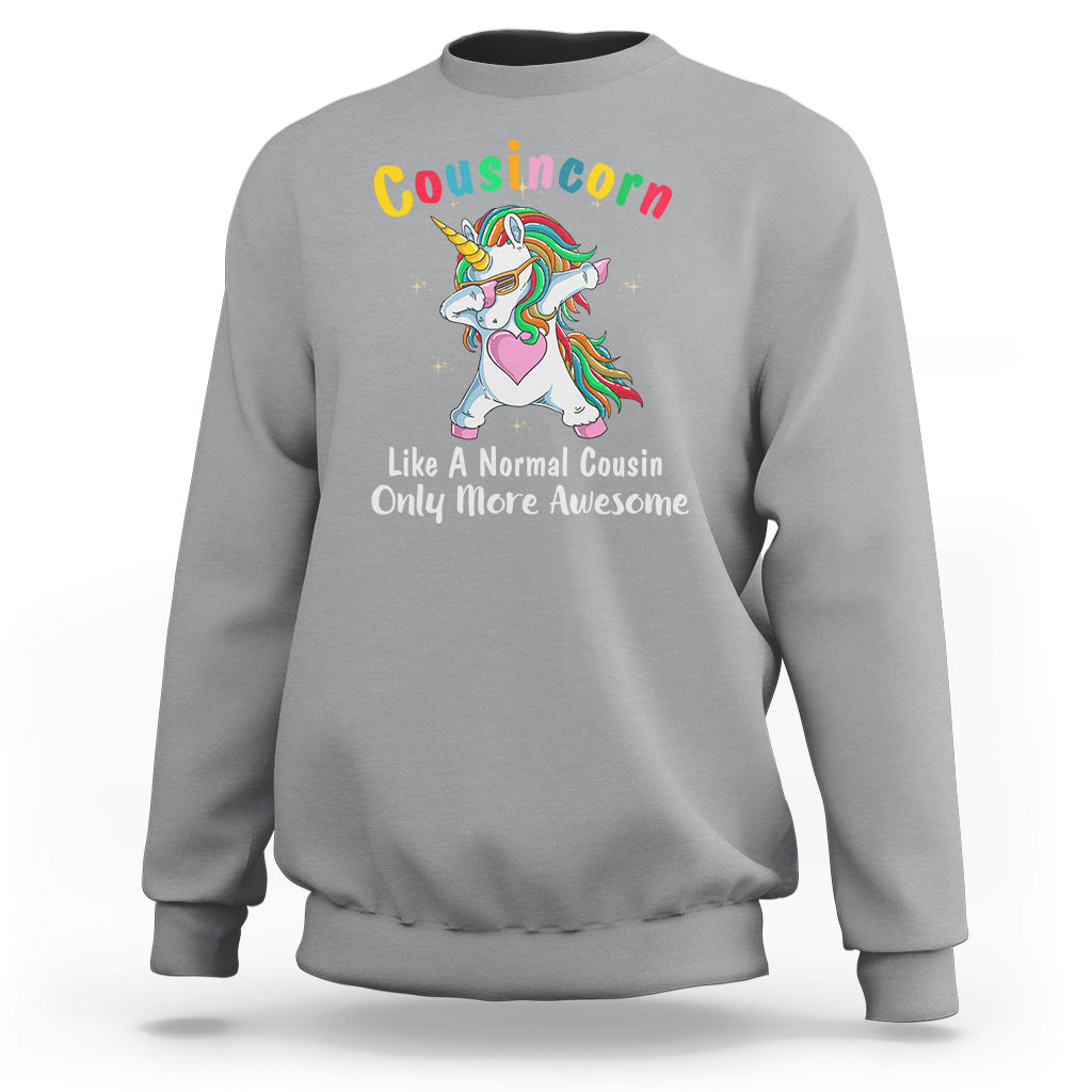 Light gray crewneck sweatshirt with dabbing unicorn graphic on front, long sleeves