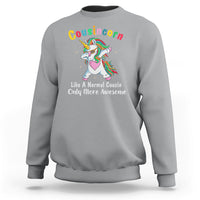 Light gray crewneck sweatshirt with dabbing unicorn graphic on front, long sleeves