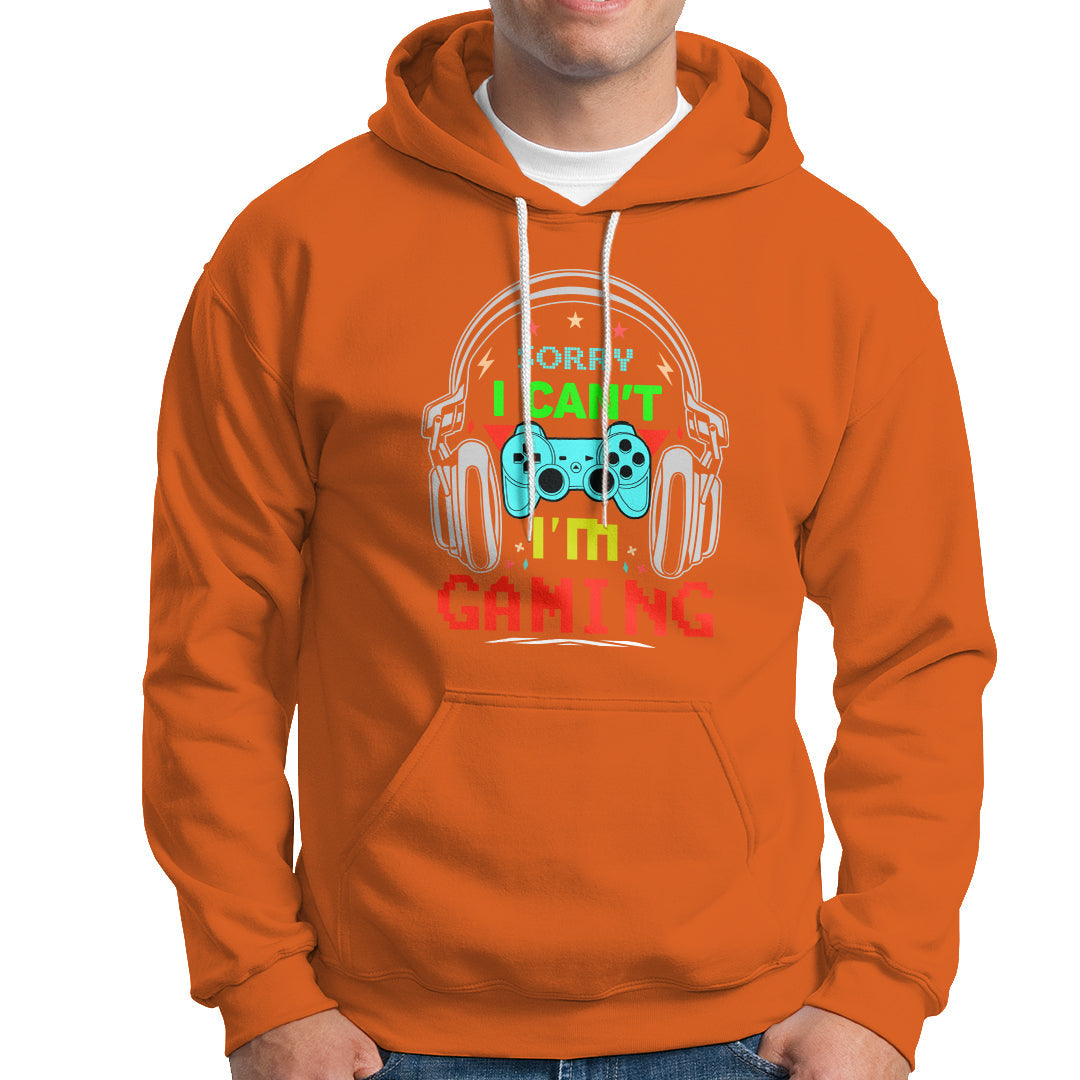 Orange gaming hoodie with front graphic, pullover hood, and kangaroo pocket