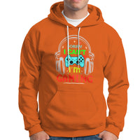 Orange gaming hoodie with front graphic, pullover hood, and kangaroo pocket
